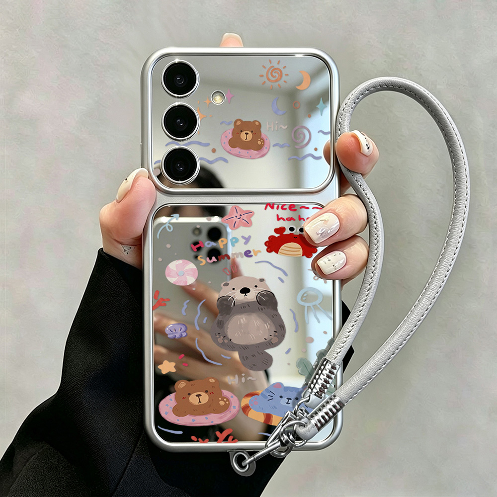 Phone Cases Galaxy A16 5G - サムスン Galaxy A16、A17、A55 5G、A56、A57、A37、A36、A35、A26、A07、A06、A54、A53、S26、S25、S24 Ultra、S23FE 用の、かわいいクマのイラストが描かれたミラー付きケース。ストラップ付き。