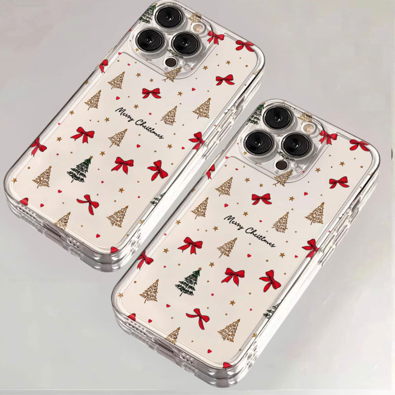 Phone Cases Xr Iphone - 赤いリボンが付いたクリスマスデザインの透明耐衝撃スマホケース。iPhone 11、12、13、14、15、16、17 Pro、18 Pro Max、16E、Air、X、XS、XR、7、8 Plus、SE2に対応。