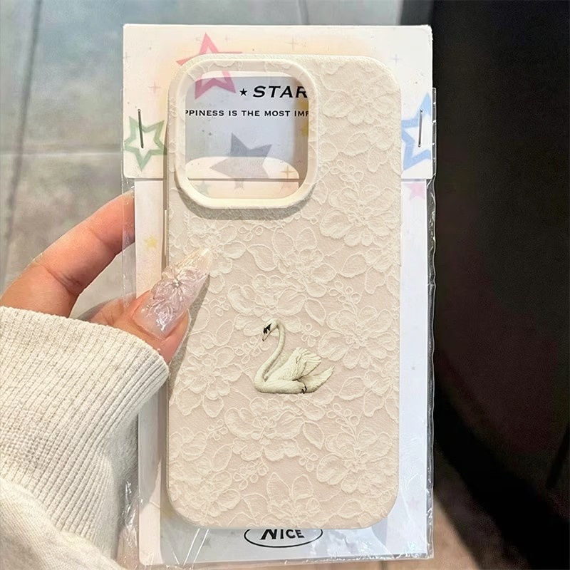Phone Cases For Iphone 16 - レーススワン柄ライチテクスチャスマホケース iPhone 17 16 15 Pro