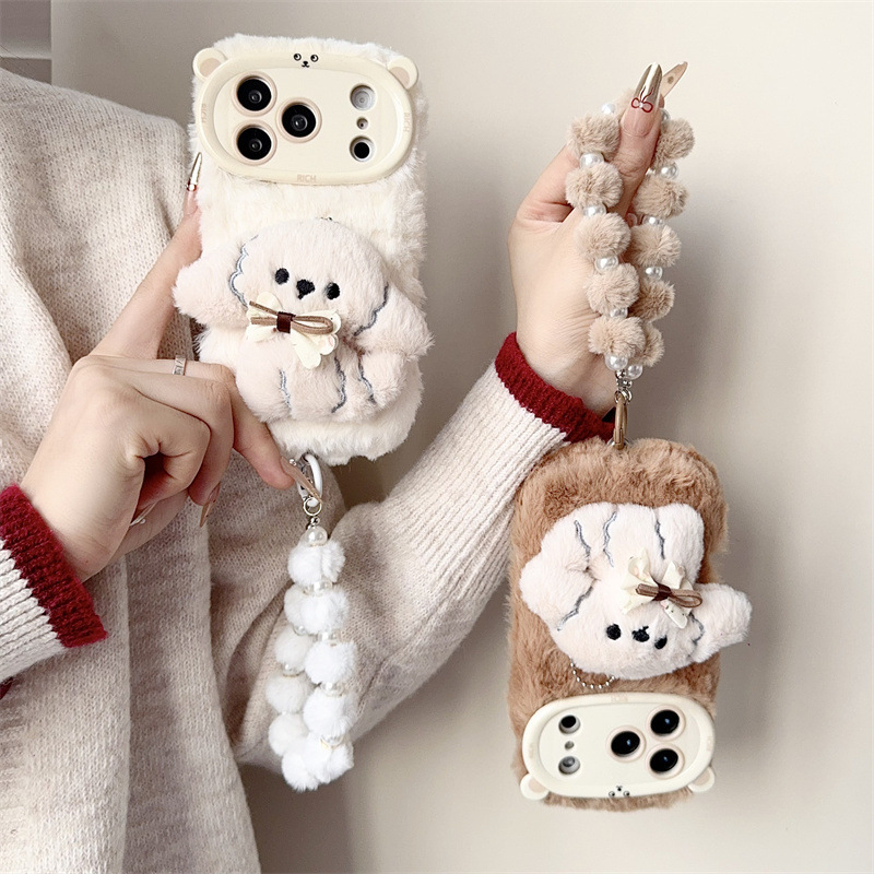 3D漫画風リボン付き子犬のふわふわぬいぐるみスマホケース i - Phone Cases For Iphone 16 のレビューと価格